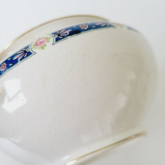 Rare Vintage Johnson Bro Sugar Bowl & Creamer, Blue Accent, Pink Floral, CRAZING - Picture 7 of 16